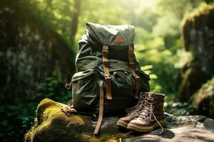 Hiking boots and backpack in the forest. Travel and adventure concept AI generated photo