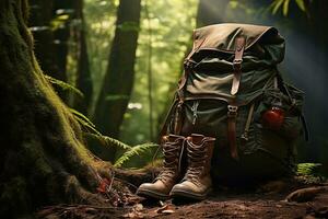 Hiking boots and backpack in the forest. Travel and adventure concept AI generated photo