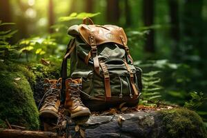 Hiking boots and backpack in the forest. Travel and adventure concept AI generated photo