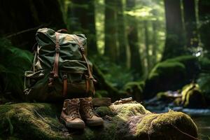 Hiking boots and backpack in the forest. Travel and adventure concept AI generated photo