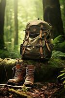 Hiking boots and backpack in the forest. Travel and adventure concept AI generated photo