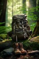 excursionismo botas y mochila en el bosque. viaje y aventuras concepto ai generado foto