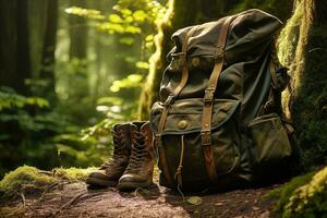 Hiking boots and backpack in the forest. Travel and adventure concept AI generated photo