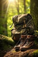 Hiking boots and backpack in the forest. Travel and adventure concept AI generated photo