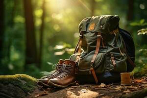 Hiking boots and backpack in the forest. Travel and adventure concept AI generated photo