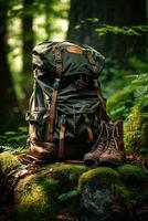 Hiking boots and backpack in the forest. Travel and adventure concept AI generated photo