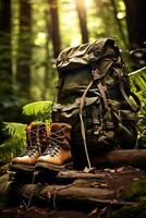 Hiking boots and backpack in the forest. Travel and adventure concept AI generated photo