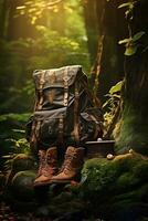 Hiking boots and backpack in the forest. Travel and adventure concept AI generated photo