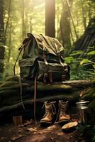 Hiking boots and backpack in the forest. Travel and adventure concept AI generated photo