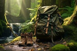 Hiking boots and backpack in the forest. Travel and adventure concept AI generated photo