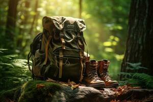 excursionismo botas y mochila en el bosque. viaje y aventuras concepto ai generado foto