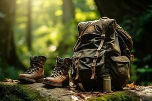 Hiking boots and backpack in the forest. Travel and adventure concept AI generated photo