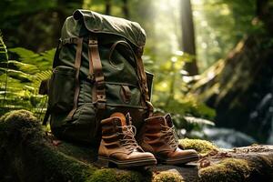 Hiking boots and backpack in the forest. Travel and adventure concept AI generated photo