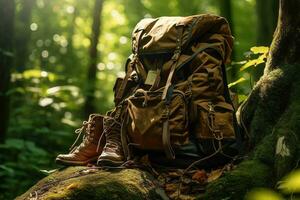 excursionismo botas y mochila en el bosque. viaje y aventuras concepto ai generado foto