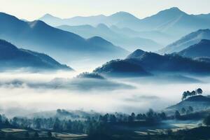 AI generated Beautiful landscape of mountains in foggy morning.Beauty in nature. photo