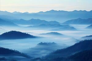 AI generated Beautiful landscape of mountains in foggy morning.Beauty in nature. photo