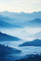 AI generated Beautiful landscape of mountains in foggy morning.Beauty in nature. photo