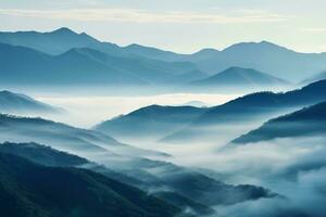 AI generated Beautiful landscape of mountains in foggy morning.Beauty in nature. photo