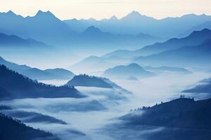 AI generated Beautiful landscape of mountains in foggy morning.Beauty in nature. photo