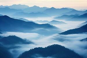 AI generated Beautiful landscape of mountains in foggy morning.Beauty in nature. photo