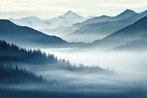 AI generated Beautiful landscape of mountains in foggy morning.Beauty in nature. photo