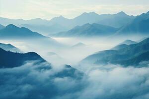 AI generated Beautiful landscape of mountains in foggy morning.Beauty in nature. photo