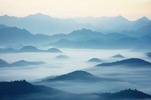 AI generated Beautiful landscape of mountains in foggy morning.Beauty in nature. photo