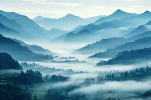 AI generated Beautiful landscape of mountains in foggy morning.Beauty in nature.AI generated photo