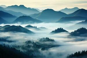 AI generated Beautiful landscape of mountains in foggy morning.Beauty in nature.AI generated photo