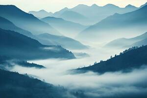 AI generated Beautiful landscape of mountains in foggy morning.Beauty in nature.AI generated photo