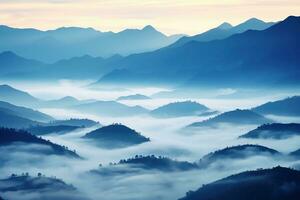 AI generated Beautiful landscape of mountains in foggy morning.Beauty in nature.AI generated photo