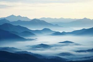 AI generated Beautiful landscape of mountains in foggy morning.Beauty in nature.AI generated photo