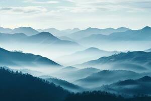 AI generated Beautiful landscape of mountains in foggy morning.Beauty in nature.AI generated photo