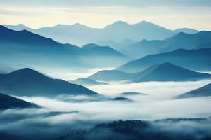 AI generated Beautiful landscape of mountains in foggy morning.Beauty in nature.AI generated photo