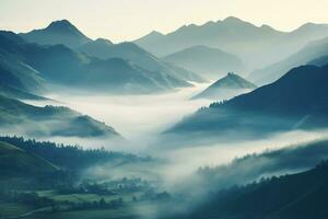 AI generated Beautiful landscape of mountains in foggy morning.Beauty in nature.AI generated photo