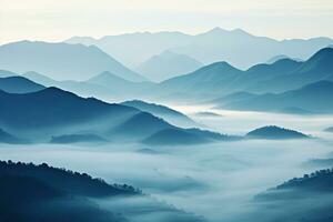 AI generated Beautiful landscape of mountains in foggy morning.Beauty in nature.AI generated photo