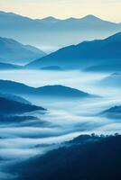 AI generated Beautiful landscape of mountains in foggy morning.Beauty in nature.AI generated photo