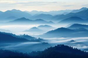 AI generated Beautiful landscape of mountains in foggy morning. Beauty in nature. photo