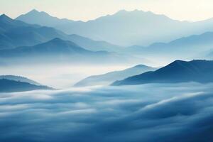 AI generated Beautiful landscape of mountains in foggy morning. Beauty in nature. photo