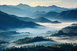 AI generated Beautiful landscape of mountains in foggy morning. Beauty in nature. photo