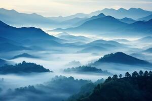 AI generated Beautiful landscape of mountains in foggy morning. Beauty in nature. photo