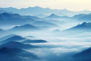 AI generated Beautiful landscape of mountains in foggy morning. Beauty in nature. photo