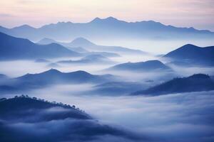 AI generated Beautiful landscape of mountains in foggy morning. Beauty in nature. photo