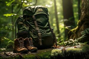 Hiking boots and backpack in the forest. Travel and adventure concept AI generated photo