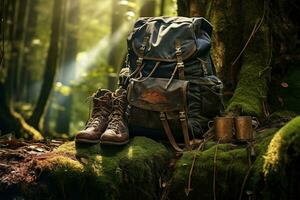 Hiking boots and backpack in the forest. Travel and adventure concept AI generated photo