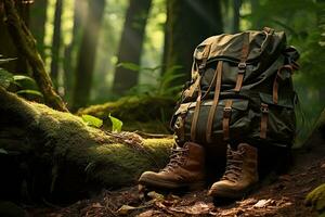 Hiking boots and backpack in the forest. Travel and adventure concept AI generated photo