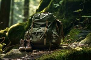 Hiking boots and backpack in the forest. Travel and adventure concept AI generated photo