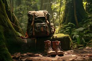 Hiking boots and backpack in the forest. Travel and adventure concept AI generated photo