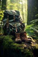 Hiking boots and backpack in the forest. Travel and adventure concept AI generated photo