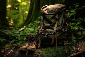 excursionismo botas y mochila en el bosque. viaje y aventuras concepto ai generado foto